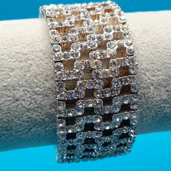 Vintage Monet Stretch Bracelet, Clear Rhinestones, Wide Bracelet - Picture 2 of 9